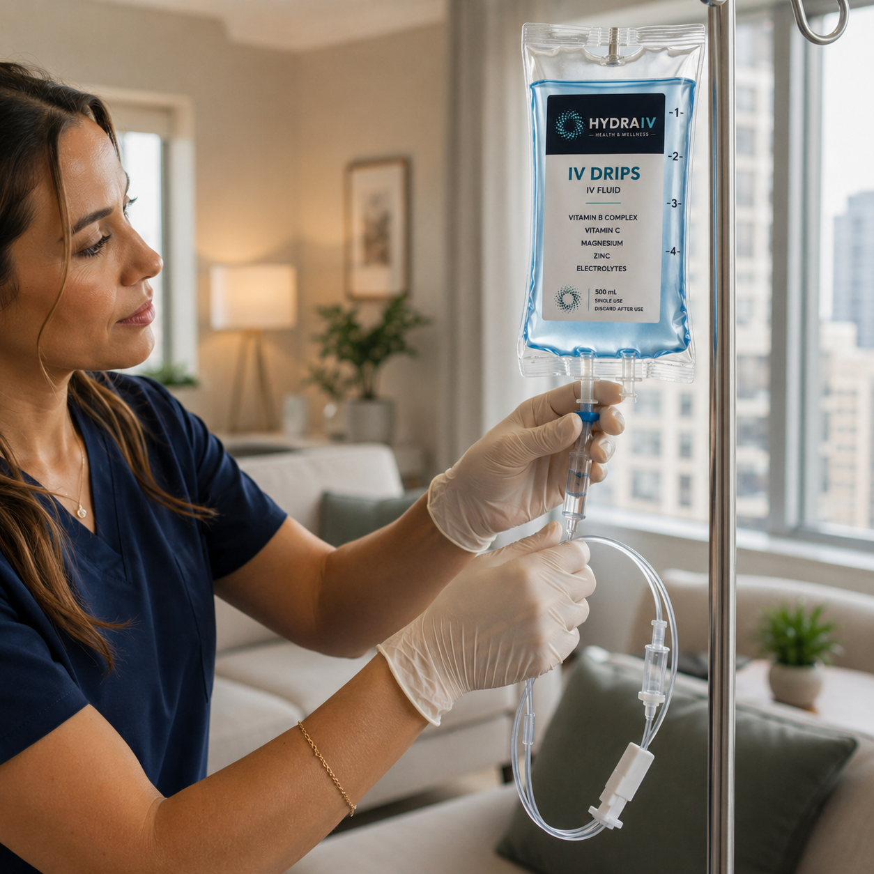 Gloved hands preparing a clear light cyan IV infusion bag